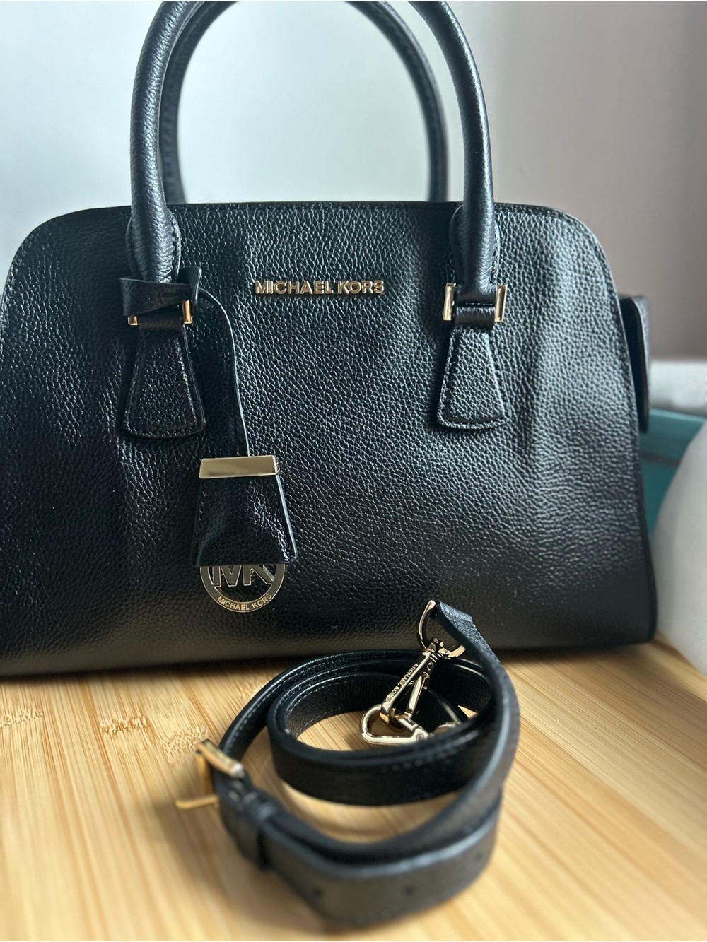 Michael Kors Black Pebbled Leather Satchel with Gold Hardware and Strap